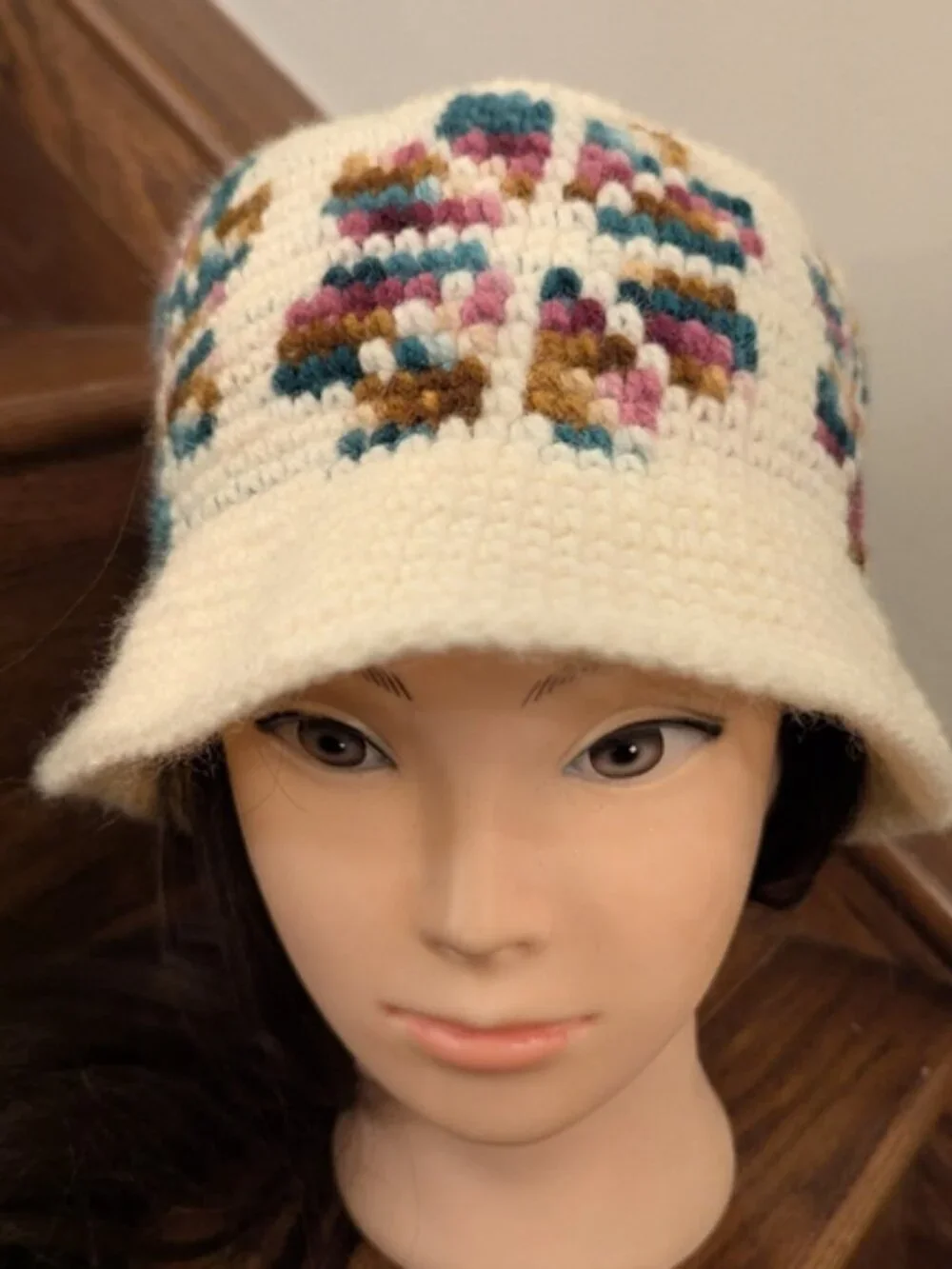 Y2K Multicolor Crochet Wool Ivory Bucket Hat, Granny Star Quilt Design OS - Picture 2 of 10
